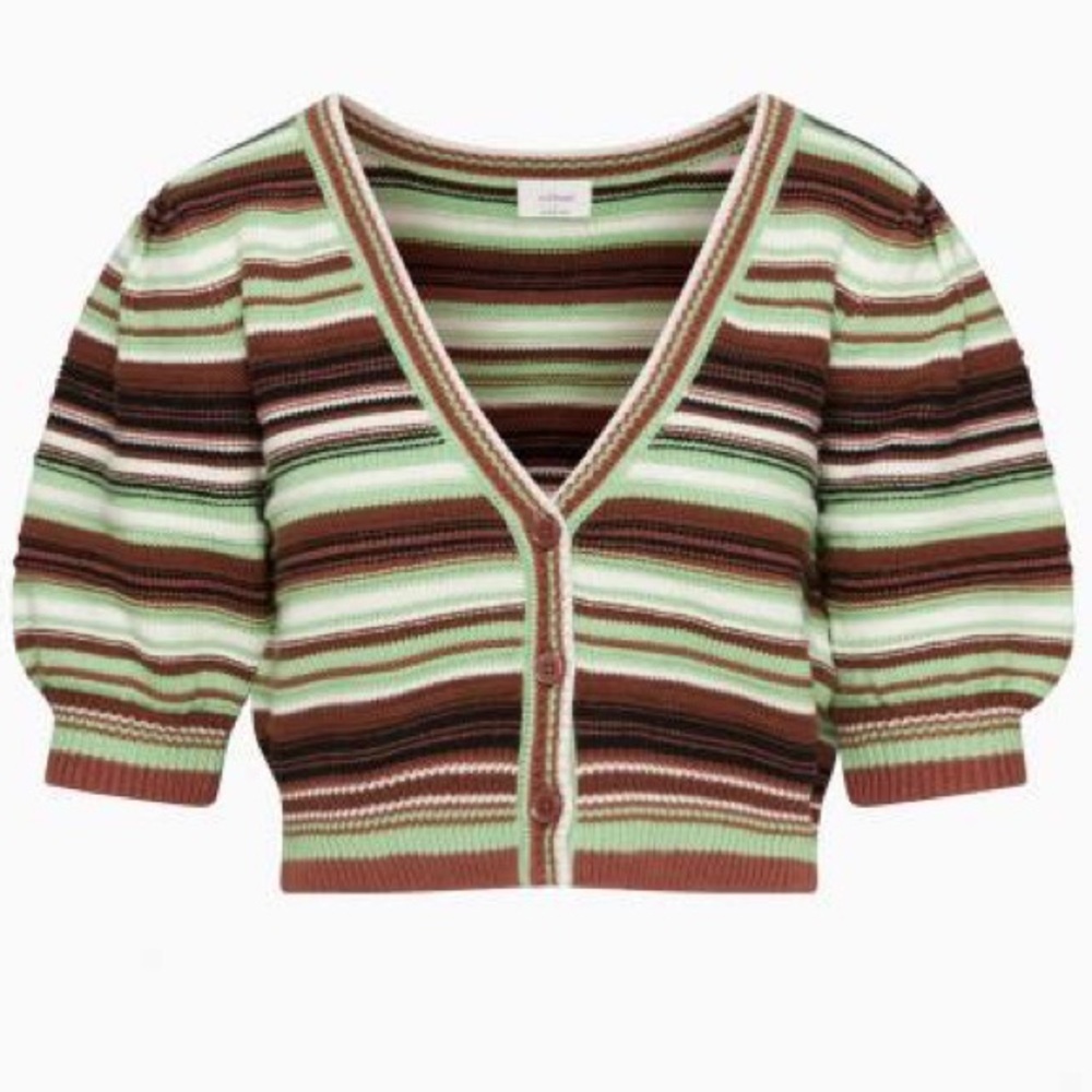 Aritzia Wilfred Canterbury Cropped Puff Sleeve Button Front Striped Cardigan